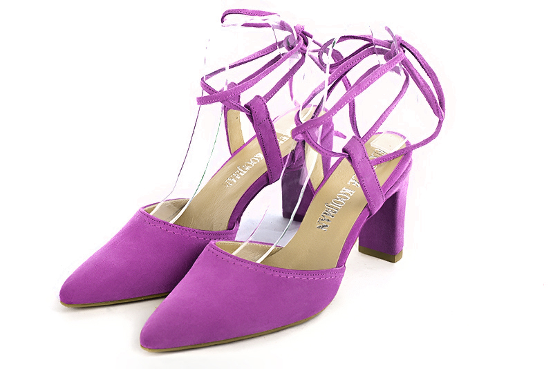 Mauve purple women's open back shoes, with crossed straps. Tapered toe. High comma heels. Front view - Florence KOOIJMAN